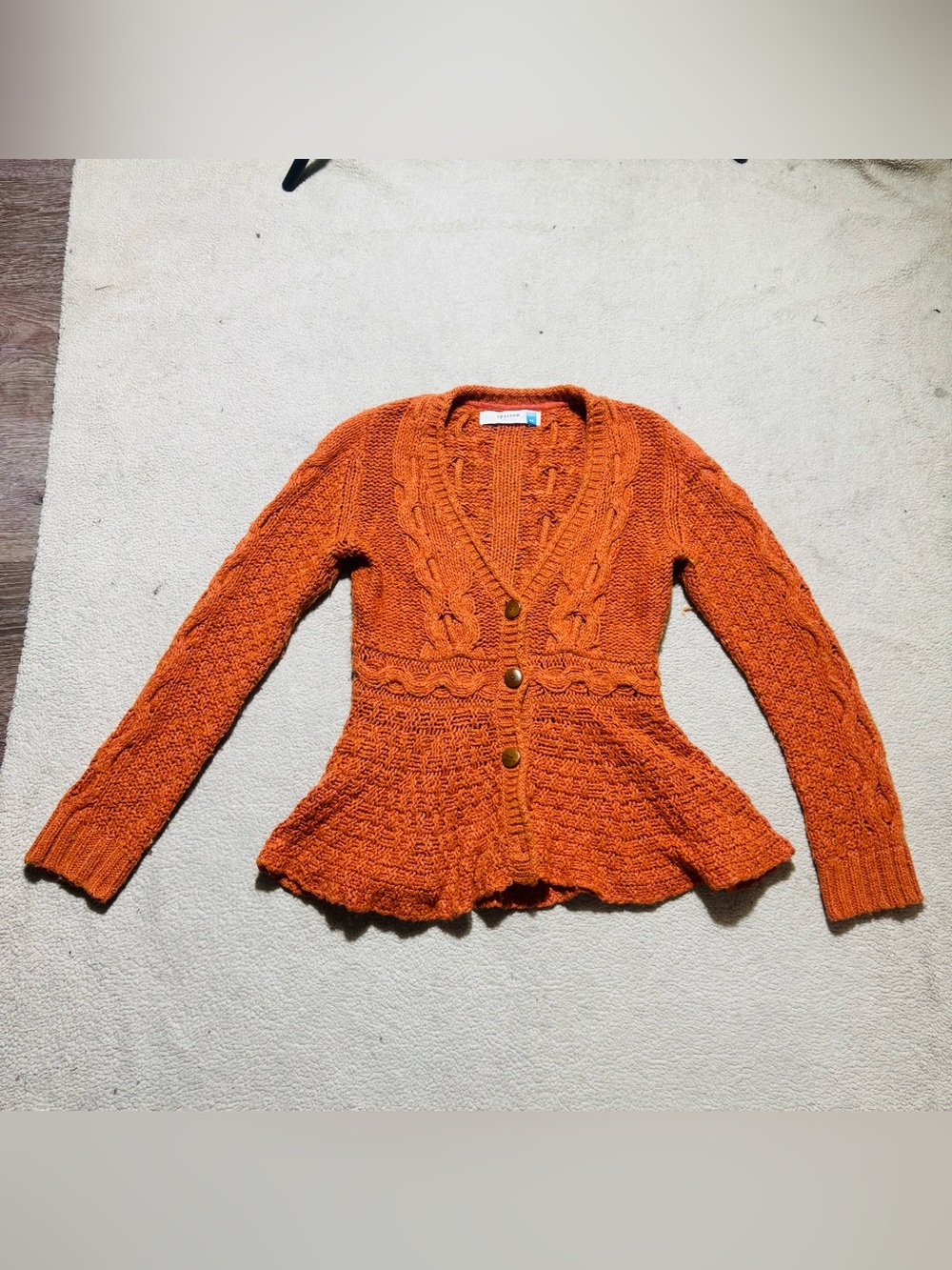 Sparrow Anthropologie Sweater Womens Medium Rust Orange Stitchy Peplum Cardigan